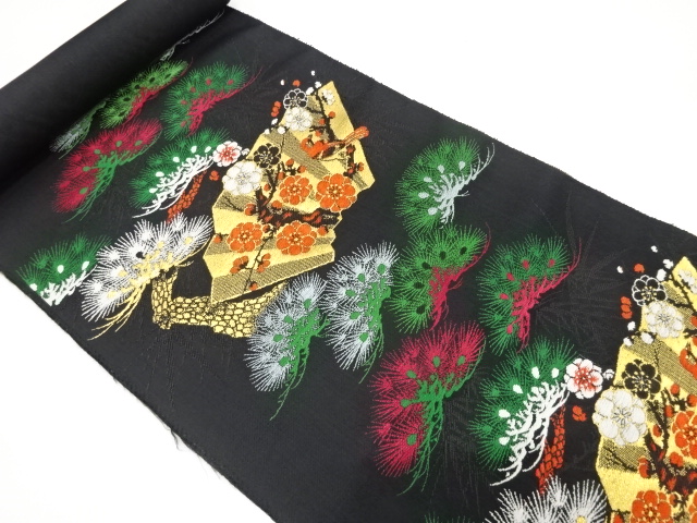 アンティーク　地紙に笠松・枝梅模様織り出し　名古屋帯地反物